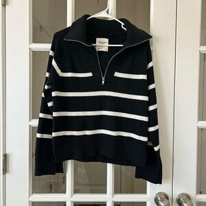 A&F Black and White Striped Quarter-Zip Sweater Small